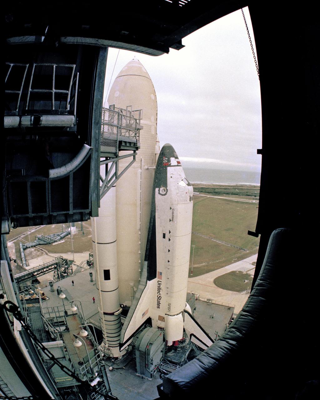 CAPE CANAVERAL, Fla. – The STS-1, orbiter Columbia, arrives at Launch Complex 39A after being rolled out of the VAB. Photo credit: NASA