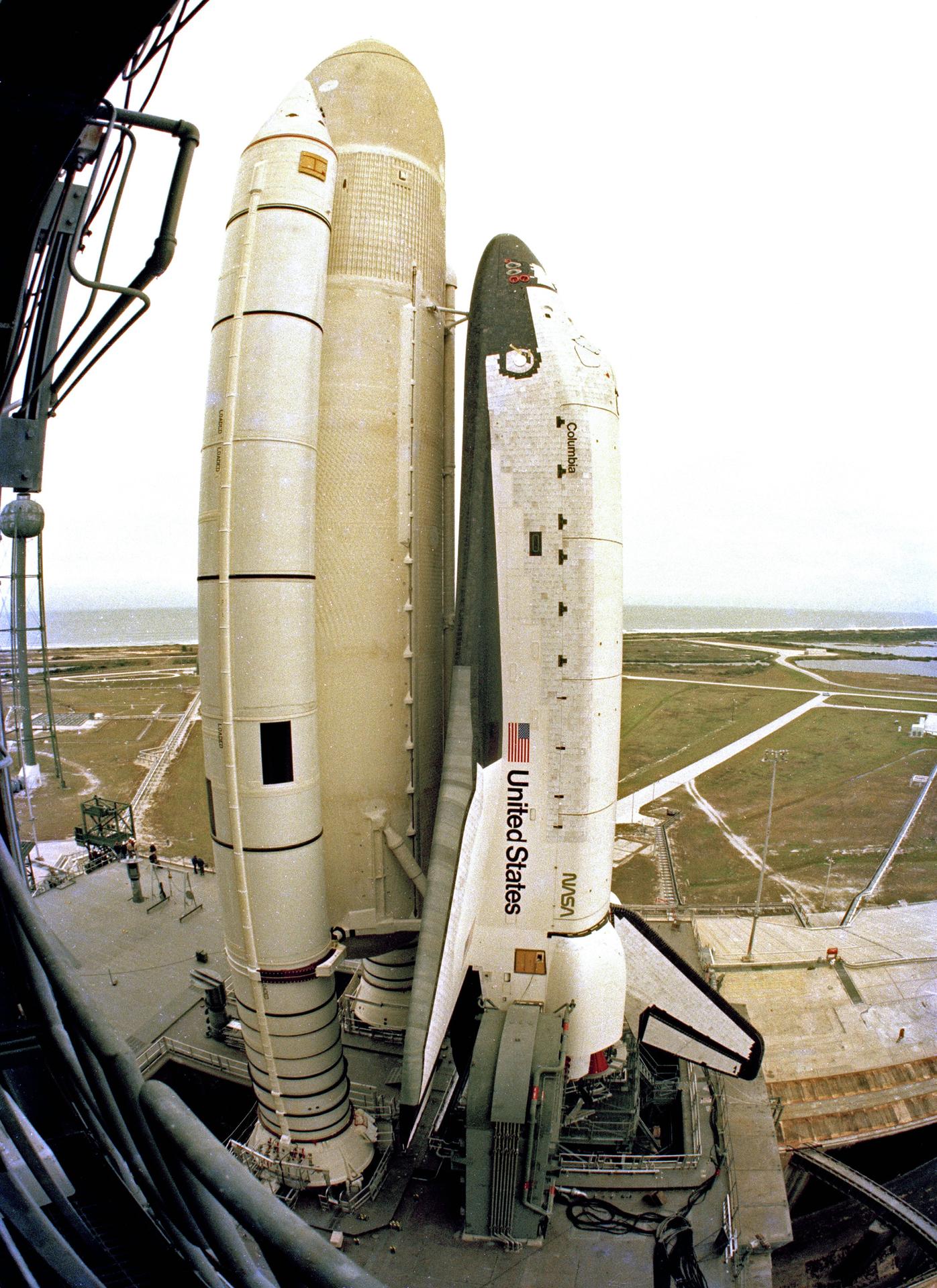 STS-1, orbiter Columbia, sits at Launch Complex 39A after being rolled out of the VAB.