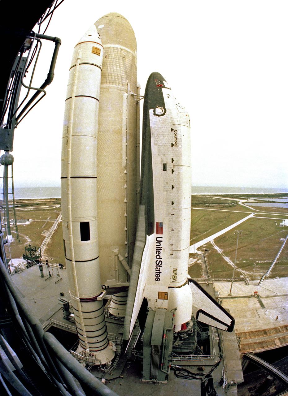 CAPE CANAVERAL, Fla. – STS-1, orbiter Columbia, sits at Launch Complex 39A after being rolled out of the VAB.    Photo credit: NASA