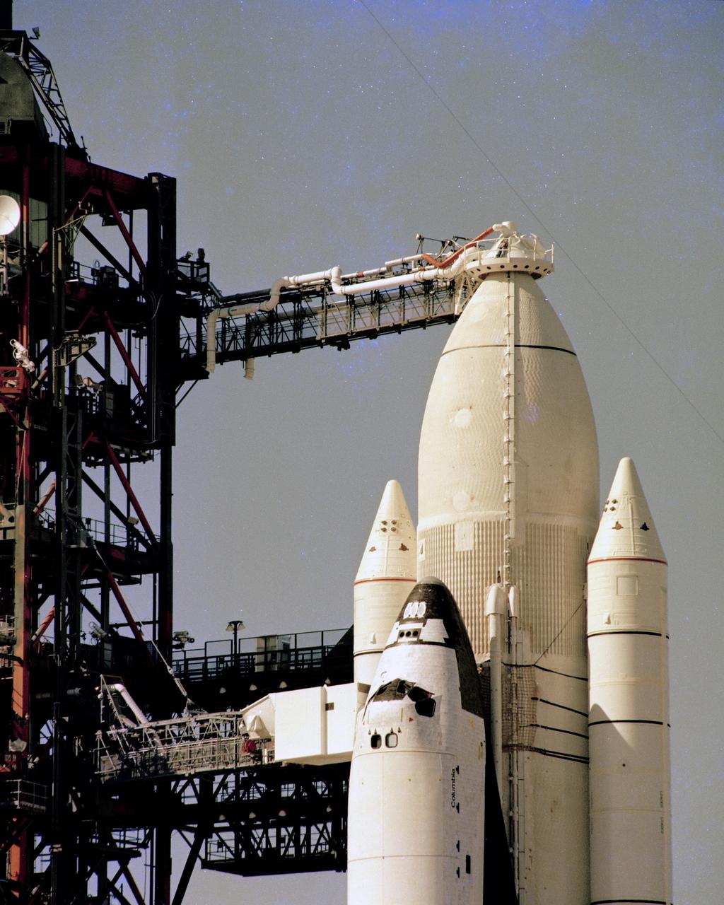 CAPE CANAVERAL, Fla. – The upper part of the space shuttle vehicle showing the "beanie cap" in place. Photo credit: NASA