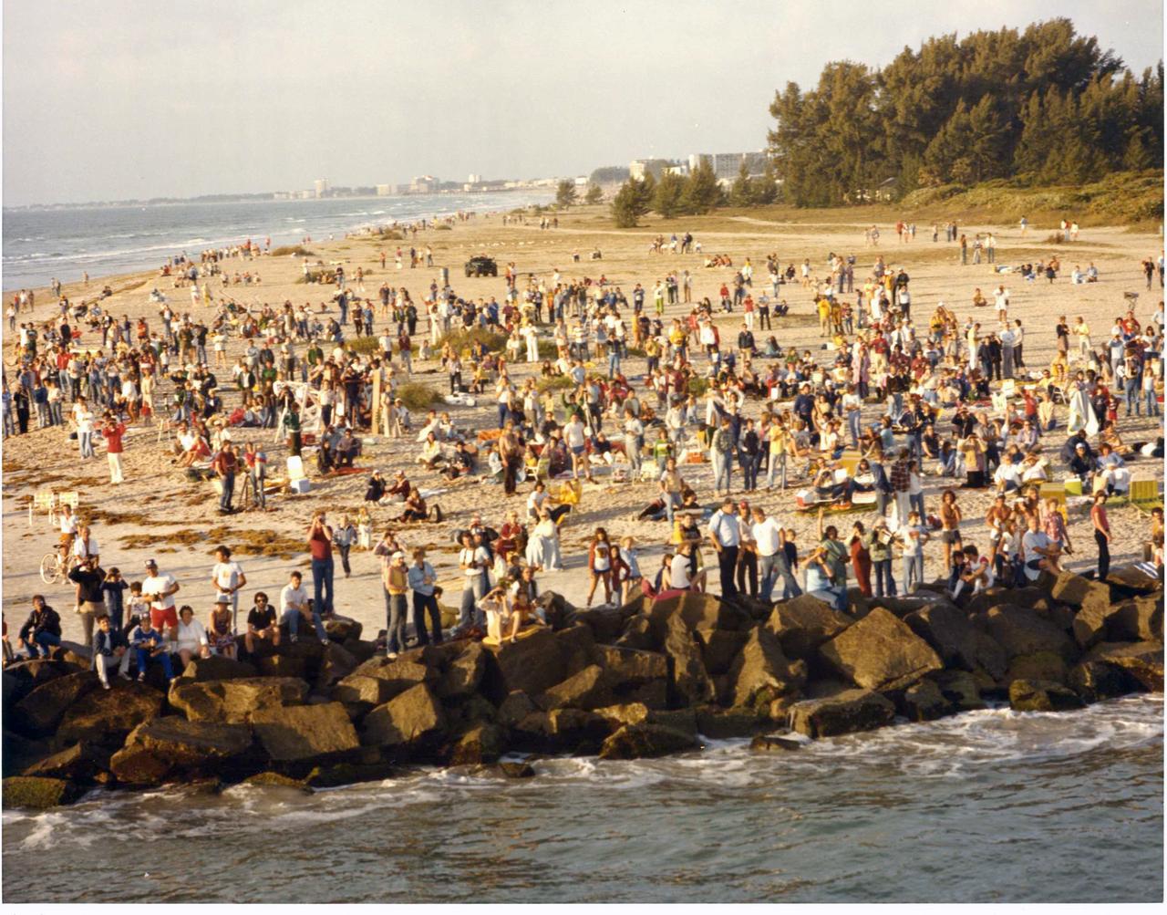 At Jetty Park in Port Canaveral, a crowd of approximately 6,000 gathered to view the 7 a.m. space shuttle launch. Many people spent the night at the Brevard County park, equipped with cameras, lawn chairs, and coolers. Jetty Park, south of the space center, was one of the best viewing sites in the county. 