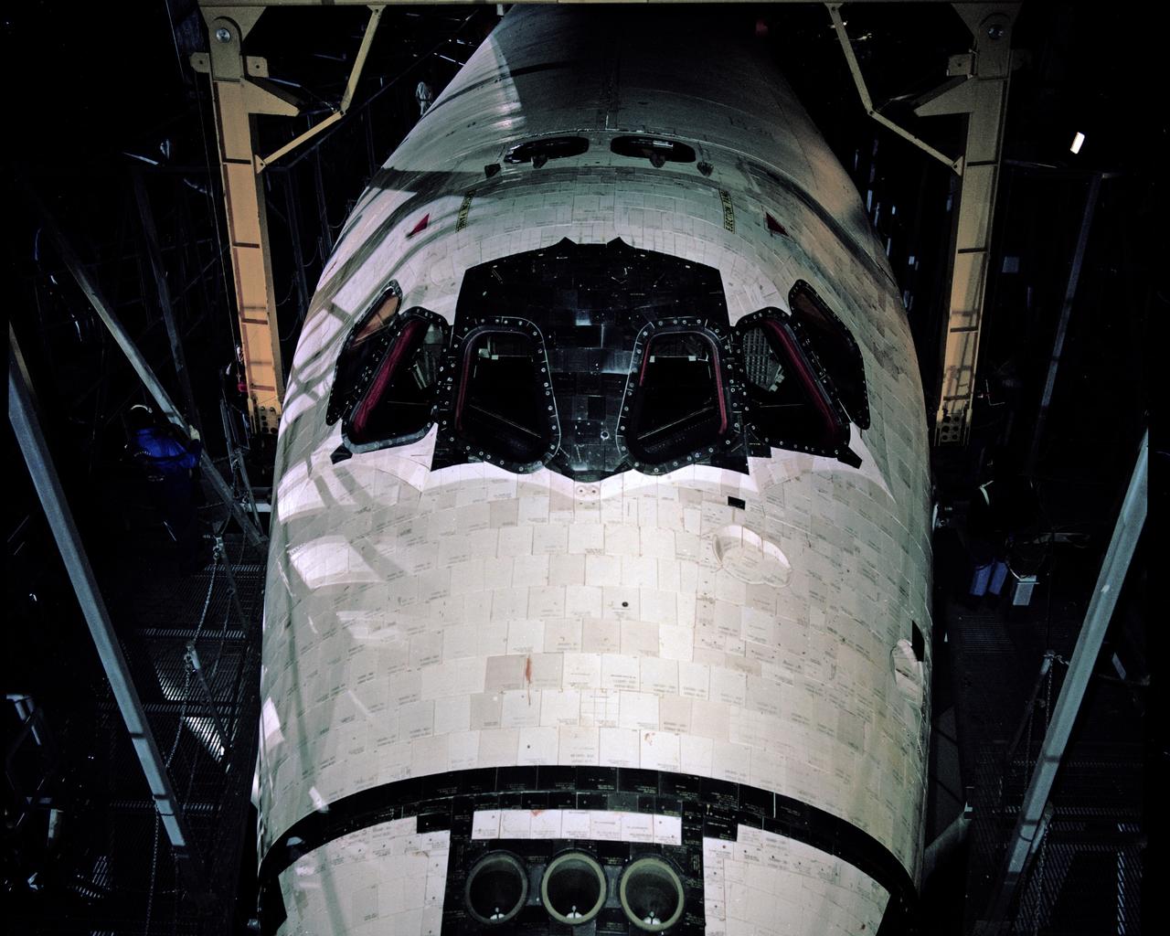 CAPE CANAVERAL, Fla. – Orbiter Columbia is separated from the shuttle carrier aircraft in the mate/demate device at KSC. Photo credit: NASA