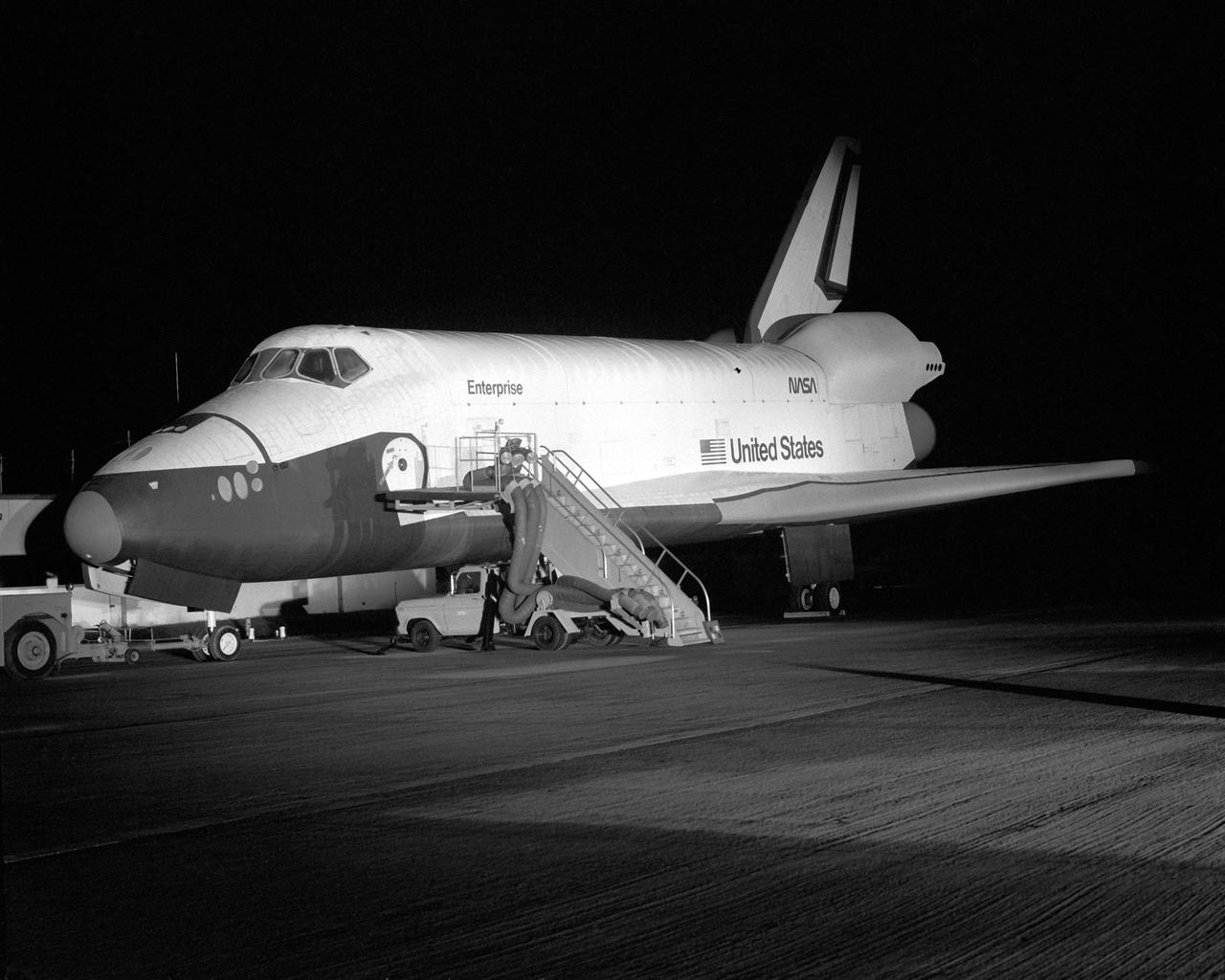 VANDENBERG AIR FORCE BASE, Calif. -- Space Shuttle Orbiter Enterprise – night landing test.  Photo Credit: NASA