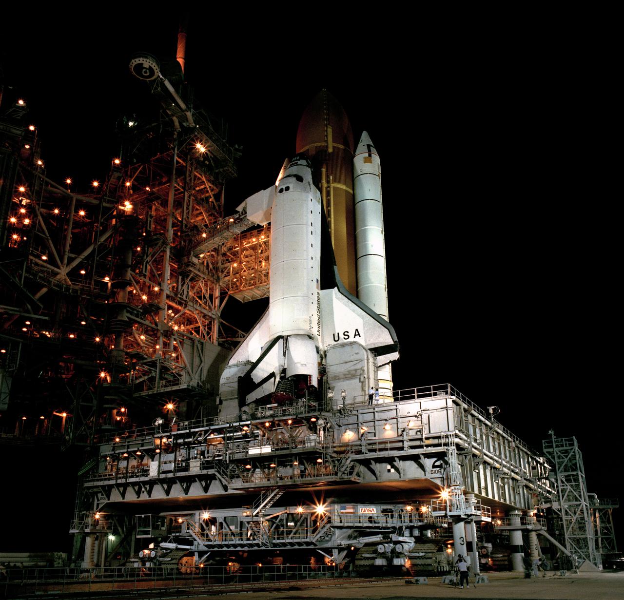CAPE CANAVERAL, Fla. -- Aerial view of the STS-28 vehicle, space shuttle Columbia, on Launch Pad 39B after rollout, prior to the Rotating Service Structure, or RSS, move.  Photo credit: NASA