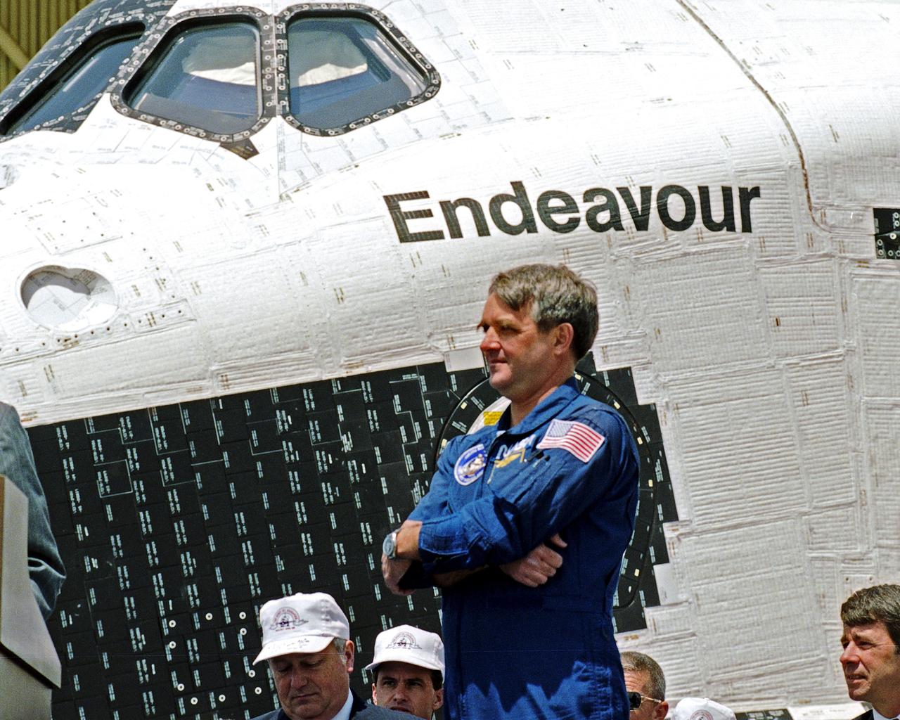 Chief Astronaut Daniel Brandenstein stands tall during a proud moment in the history of manned spaceflight: the debut of the newest space shuttle orbiter, Endeavour, at Palmdale, Calif. Photo credit: NASA