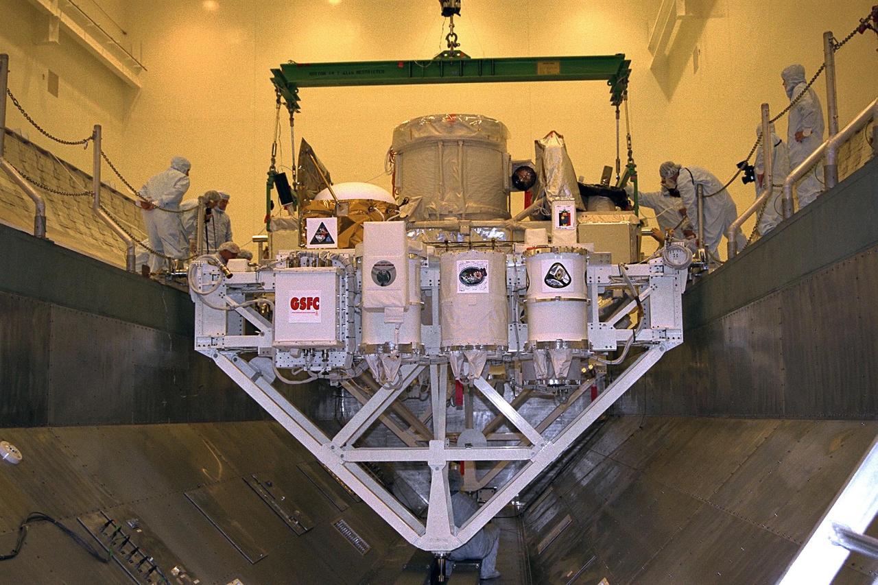 The CRISTA-SPAS payload, manifested on Space Shuttle Mission STS-85, is placed in the transport canister