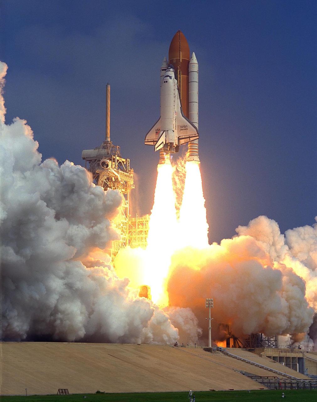 KENNEDY SPACE CENTER, Fla. -- Blasting through the hazy late morning sky, the Space Shuttle Discovery soars from Launch Pad 39A at 10:41 a.m. EDT Aug. 7 on the 11-day STS-85 mission. Aboard Discovery are Commander Curtis L. Brown, Jr.; Pilot Kent V. Rominger, Payload Commander N. Jan Davis, Mission Specialist Robert L. Curbeam, Jr., Mission Specialist Stephen K. Robinson and Payload Specialist Bjarni V. Tryggvason, a Canadian Space Agency astronaut . The primary payload aboard the Space Shuttle orbiter Discovery is the Cryogenic Infrared Spectrometers and Telescopes for the Atmosphere-Shuttle Pallet Satellite-2 (CRISTA-SPAS-2) free-flyer. The CRISTA-SPAS-2 will be deployed on flight day 1 to study trace gases in the Earth’s atmosphere as a part of NASA’s Mission to Planet Earth program. Also aboard the free-flying research platform will be the Middle Atmosphere High Resolution Spectrograph Instrument (MAHRSI). Other payloads on the 11-day mission include the Manipulator Flight Demonstration (MFD), a Japanese Space Agency-sponsored experiment. Also in Discovery’s payload bay are the Technology Applications and Science-1 (TAS-1) and International Extreme Ultraviolet Hitchhiker-2 (IEH-2) experiments
