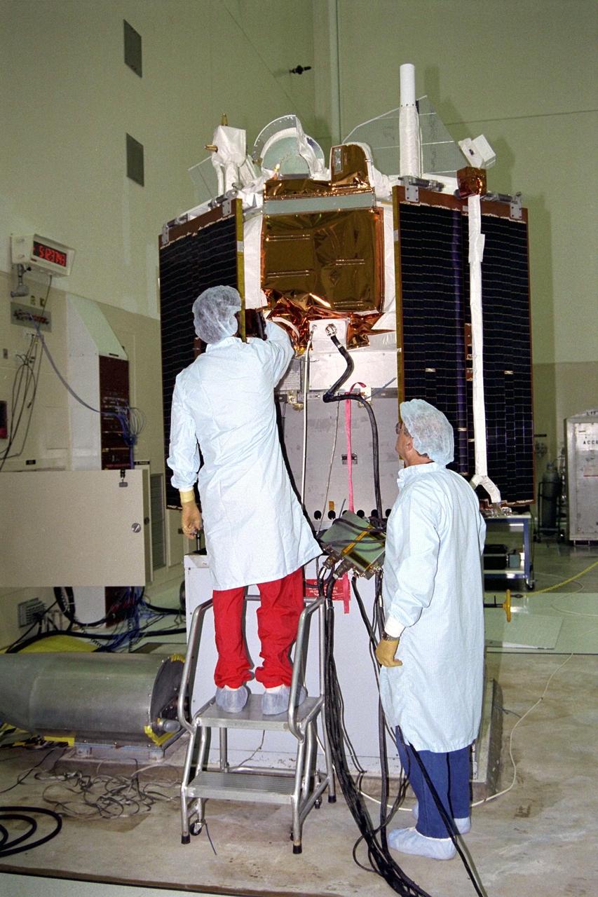 The Advanced Composition Explorer (ACE) spacecraft undergoes a spin test in KSC’s Spacecraft Assembly and Encapsulation Facility-II (SAEF-II). Scheduled for launch on a Delta II rocket from Cape Canaveral Air Station on Aug. 25, ACE will study low-energy particles of solar origin and high-energy galactic particles. The collecting power of instruments aboard ACE is 10 to 1,000 times greater than anything previously flown to collect similar data by NASA