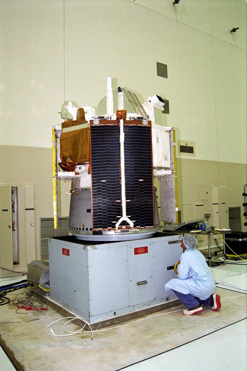 The Advanced Composition Explorer (ACE) spacecraft undergoes a spin test in KSC’s Spacecraft Assembly and Encapsulation Facility-II (SAEF-II). Scheduled for launch on a Delta II rocket from Cape Canaveral Air Station on Aug. 25, ACE will study low-energy particles of solar origin and high-energy galactic particles. The collecting power of instruments aboard ACE is 10 to 1,000 times greater than anything previously flown to collect similar data by NASA