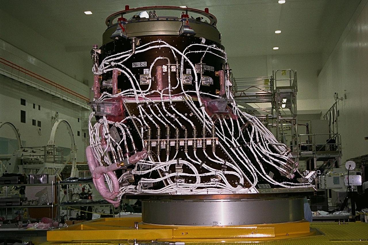 KENNEDY SPACE CENTER, FLA. -- The Pressurized Mating Adapter-1 (PMA-1), scheduled to fly on Space Shuttle mission STS-88 is undergoing processing in the Space Station Processing Facility (SSPF). A PMA is a cone-shaped connector that will be attached to Node 1, the space station’s structural building block, during ground processing. STS-88 is the first International Space Station assembly flight.