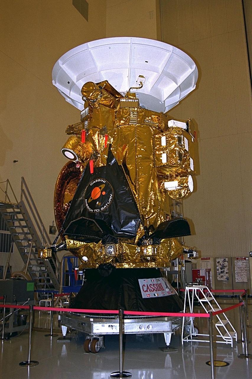 The Cassini spacecraft is on view for the media in the Payload Hazardous Servicing Facility (PHSF) at Kennedy Space Center, Florida. The two-story-tall spacecraft, scheduled for launch on an Air Force Titan IV/Centaur launch vehicle on Oct. 6, is destined to arrive at Saturn in July 2004, where it will orbit and study Saturn, its rings, moons and magnetic environment in detail over a four-year period. Cassini carries a scientific probe called Huygens, provided by the European Space Agency. Huygens will be released from the main Cassini spacecraft and parachute through the atmosphere of Saturn's most intriguing moon, Titan, which is thought to chemically resemble a very cold version of Earth's environment before life began. The Cassini mission is managed for NASA by the Jet Propulsion Laboratory, a division of the California Institute of Technology