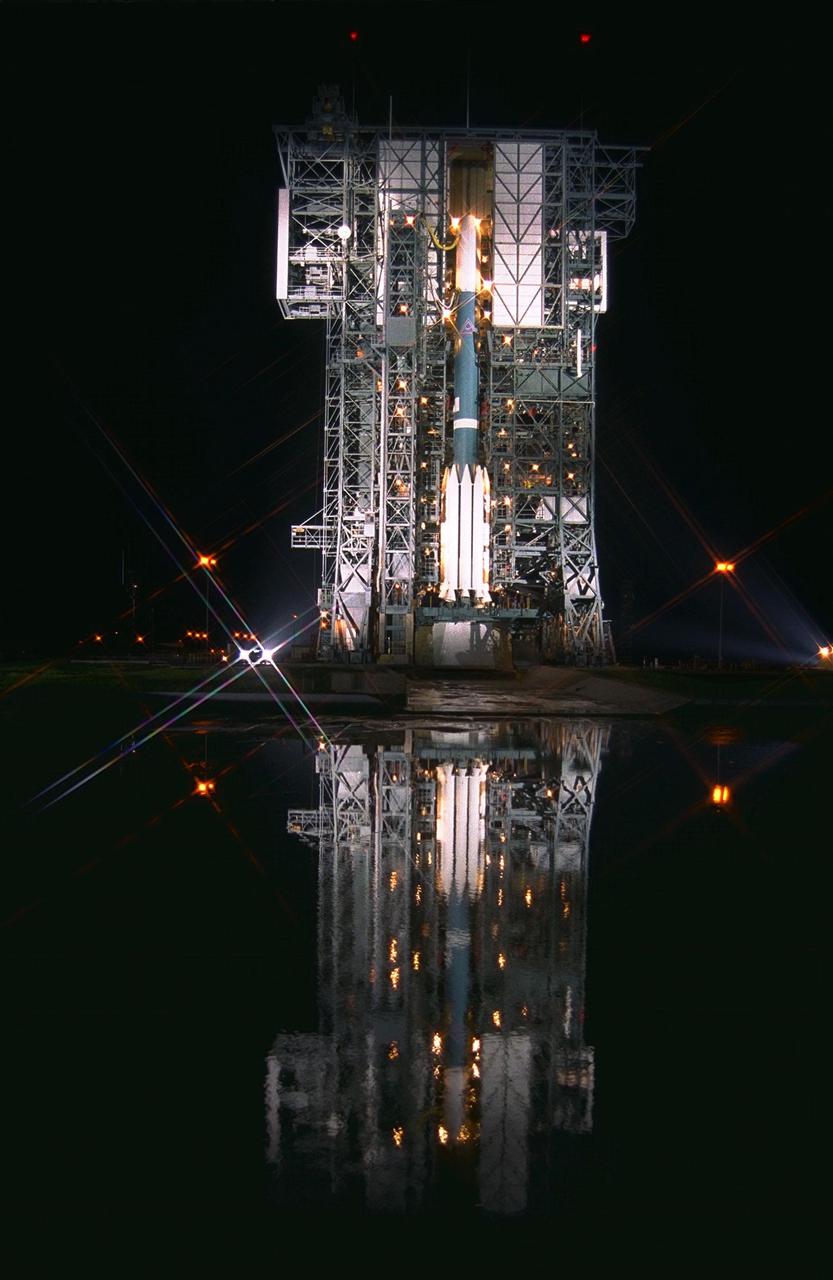 After launch tower retraction, the Boeing Delta II expendable launch vehicle carrying the Advanced Composition Explorer (ACE) undergoes final preparations for liftoff in the predawn hours of Aug. 24, 1997, at Launch Complex 17A, Cape Canaveral Air Station. This is the second Delta launch under the Boeing name and the first from Cape Canaveral. ACE with its combination of nine sensors and instruments will investigate the origin and evolution of solar phenomenon, the formation of solar corona, solar flares and acceleration of the solar wind. ACE was built for NASA by the Johns Hopkins Applied Physics Laboratory and is managed by the Explorer Project Office at NASA’s Goddard Space Flight Center. The lead scientific institution is the California Institute of Technology
