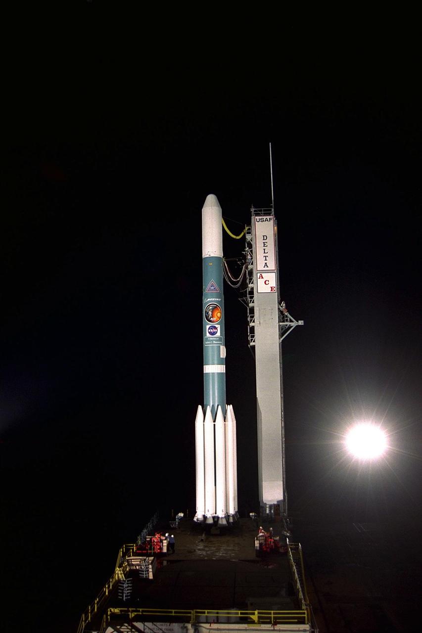 The Boeing Delta II expendable launch vehicle carrying the Advanced Composition Explorer (ACE) undergoes final preparations for liftoff in the predawn hours of Aug. 25, 1997, at Launch Complex 17A, Cape Canaveral Air Station. This is the second Delta launch under the Boeing name and the first from Cape Canaveral. The first launch attempt on Aug. 24 was scrubbed by Air Force range safety personnel because two commercial fishing vessels were within the Delta’s launch danger area. ACE with its combination of nine sensors and instruments will investigate the origin and evolution of solar phenomenon, the formation of solar corona, solar flares and acceleration of the solar wind. ACE was built for NASA by the Johns Hopkins Applied Physics Laboratory and is managed by the Explorer Project Office at NASA’s Goddard Space Flight Center. The lead scientific institution is the California Institute of Technology