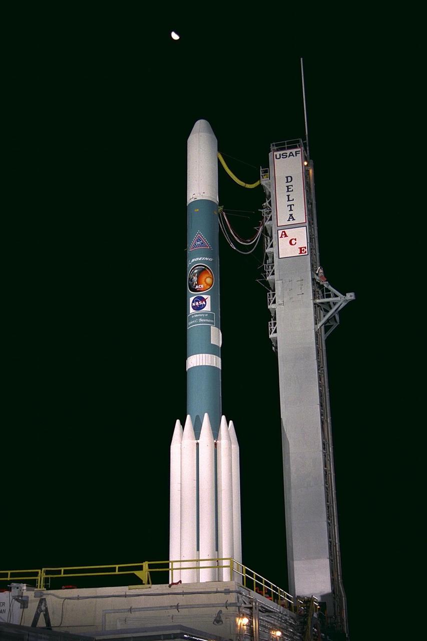 The Boeing Delta II expendable launch vehicle carrying the Advanced Composition Explorer (ACE) undergoes final preparations for liftoff in the predawn hours of Aug. 25, 1997, at Launch Complex 17A, Cape Canaveral Air Station. This is the second Delta launch under the Boeing name and the first from Cape Canaveral. The first launch attempt on Aug. 24 was scrubbed by Air Force range safety personnel because two commercial fishing vessels were within the Delta’s launch danger area. ACE with its combination of nine sensors and instruments will investigate the origin and evolution of solar phenomenon, the formation of solar corona, solar flares and acceleration of the solar wind. ACE was built for NASA by the Johns Hopkins Applied Physics Laboratory and is managed by the Explorer Project Office at NASA’s Goddard Space Flight Center. The lead scientific institution is the California Institute of Technology