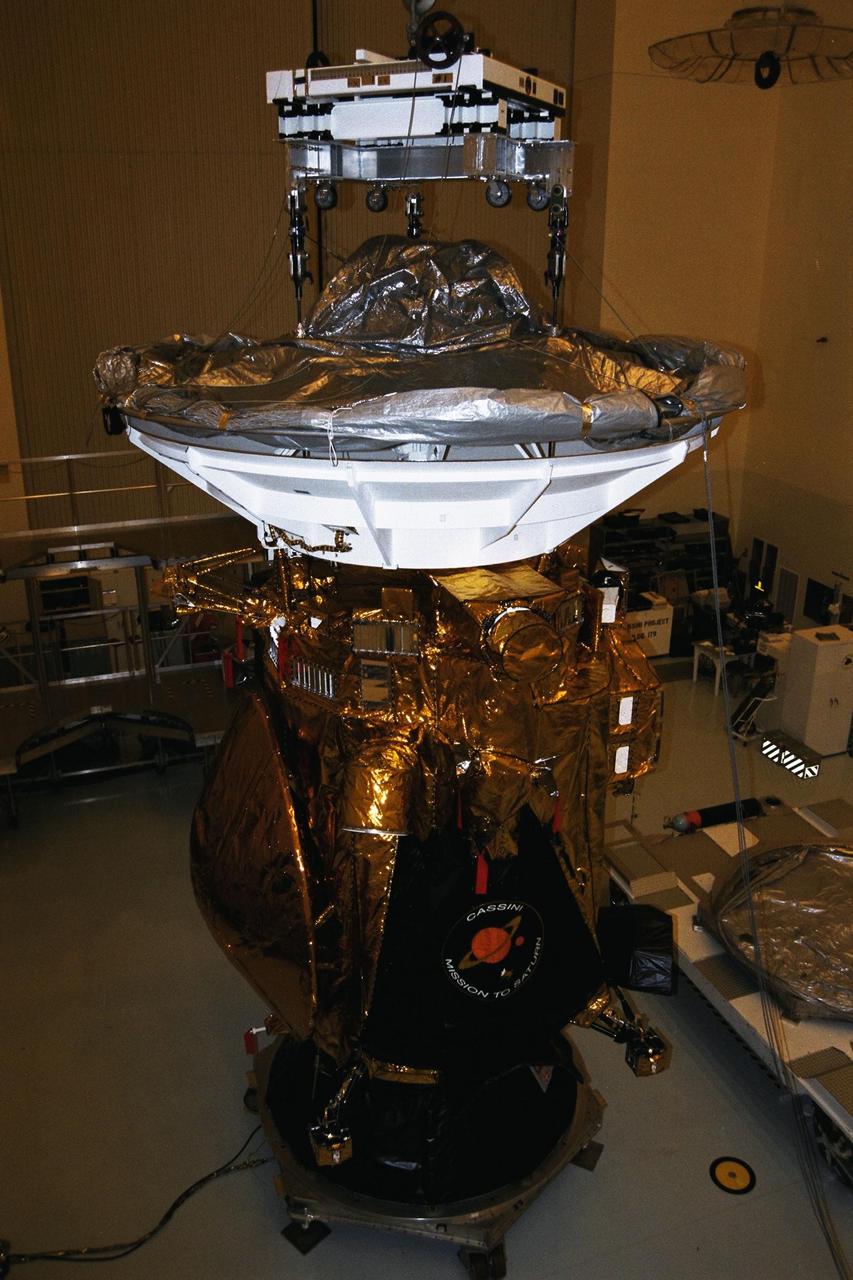 In the Payload Hazardous Servicing Facility (PHSF), the Cassini spacecraft is prepared for its lift onto a transporter which will move it to Launch Complex 40, Cape Canaveral Air Station (CCAS). Cassini is an international mission conducted by the National Aeronautics and Space Administration (NASA), the European Space Agency (ESA), and the Italian Space Agency (ASI). The two-story-tall spacecraft, scheduled for launch on Oct. 6, is destined to arrive at Saturn in July 2004, where it will study the planet, its rings, moons and magnetic environment in detail over a four-year period. The Cassini mission is managed for NASA's Office of Space Science by the Jet Propulsion Laboratory, a division of the California Institute of Technology