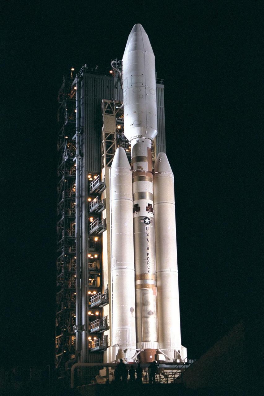At Launch Complex 40 on Cape Canaveral Air Station, the Mobile Service Tower has been retracted away from the Titan IVB/Centaur carrying the Cassini spacecraft, marking a major milestone in the launch countdown sequence. Retraction of the structure began about an hour later than scheduled due to minor problems with ground support equipment. The launch vehicle, Cassini spacecraft and attached Centaur stage encased in a payload fairing, altogether stand about 183 feet tall; mounted at the base of the launch vehicle are two upgraded solid rocket motors. Liftoff of Cassini on the journey to Saturn and its moon Titan is slated to occur during a window opening at 4:55 a.m. EDT, Oct. 13, and extending through 7:15 a.m