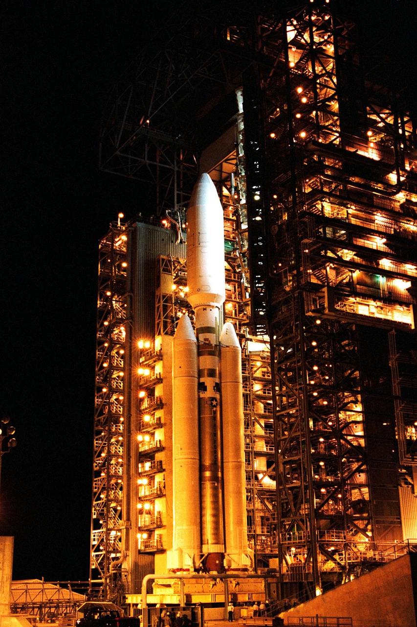 At Launch Complex 40 on Cape Canaveral Air Station, the Mobile Service Tower is being rolled away from the Titan IVB/Centaur launch vehicle carrying the Cassini spacecraft, completing a major countdown milestone. This is the second launch attempt for the Saturn-bound mission; a first try Oct. 13 was scrubbed primarily due to concerns about upper level wind conditions. Liftoff Oct. 15 is set to occur during a launch window opening at 4:43 a.m. EDT and extending until 7:03 a.m