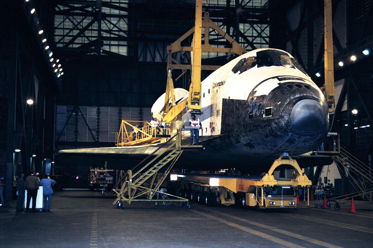 In preparation for Space Shuttle Mission STS-87, the orbiter Columbia rolled into the Vehicle Assembly Building transfer aisle at about 6 a.m. today. The orbiter will be mated to the <a href="http://www-pao.ksc.nasa.gov/kscpao/nasafact/count3.htm#et">external tank</a> and <a href="http://www-pao.ksc.nasa.gov/kscpao/nasafact/ships.htm#srbs">solid rocket boosters</a> in high bay 3 over the weekend and is slated to roll out to Pad 39B on Wednesday. STS-87 will be the fourth flight of the United States Microgravity Payload and the Spartan-201 deployable satellite