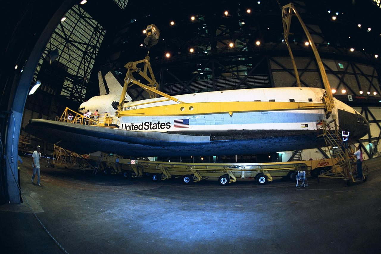 In preparation for Space Shuttle Mission STS-87, the orbiter Columbia rolled into the Vehicle Assembly Building transfer aisle at about 6 a.m. today. The orbiter will be mated to the <a href="http://www-pao.ksc.nasa.gov/kscpao/nasafact/count3.htm#et">external tank</a> and <a href="http://www-pao.ksc.nasa.gov/kscpao/nasafact/ships.htm#srbs">solid rocket boosters</a> in high bay 3 over the weekend and is slated to roll out to Pad 39B on Wednesday. STS-87 will be the fourth flight of the United States Microgravity Payload and the Spartan-201 deployable satellite