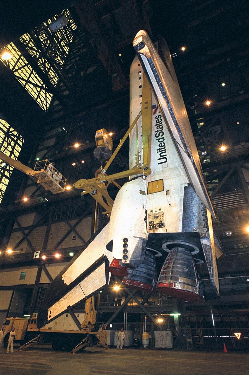 In preparation for Space Shuttle Mission STS-87, the orbiter Columbia is lifted into high bay 3 in the Vehicle Assembly Building. The orbiter will be mated to the <a href="http://www-pao.ksc.nasa.gov/kscpao/nasafact/count3.htm#et">external tank</a> and <a href="http://www-pao.ksc.nasa.gov/kscpao/nasafact/ships.htm#srbs">solid rocket boosters</a> over the weekend and is slated to roll out to Pad 39B on Wednesday. STS-87 will be the fourth flight of the United States Microgravity Payload and the Spartan-201 deployable satellite