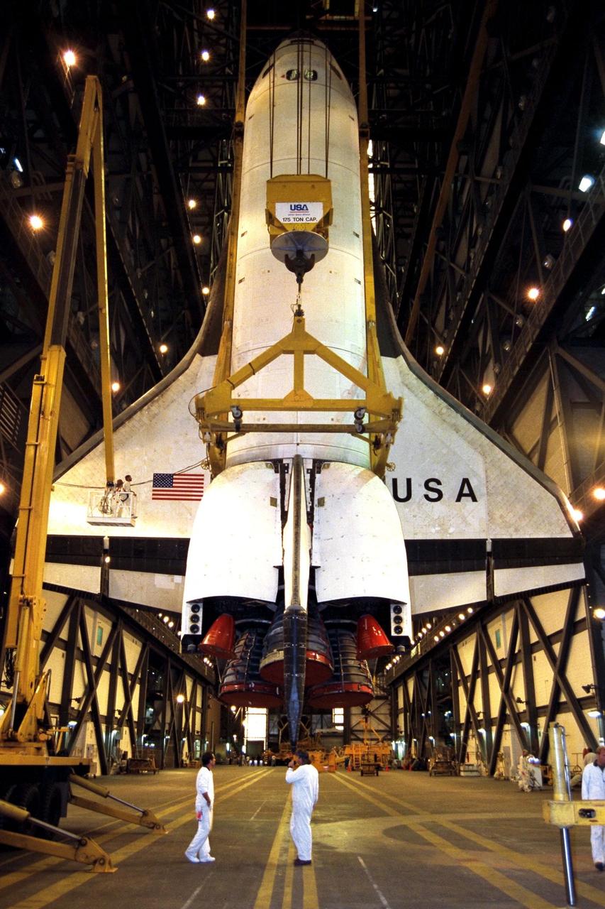 In preparation for Space Shuttle Mission STS-87, the orbiter Columbia is lifted into high bay 3 in the Vehicle Assembly Building. The orbiter will be mated to the <a href="http://www-pao.ksc.nasa.gov/kscpao/nasafact/count3.htm#et">external tank</a> and <a href="http://www-pao.ksc.nasa.gov/kscpao/nasafact/ships.htm#srbs">solid rocket boosters</a> over the weekend and is slated to roll out to Pad 39B on Wednesday. STS-87 will be the fourth flight of the United States Microgravity Payload and the Spartan-201 deployable satellite