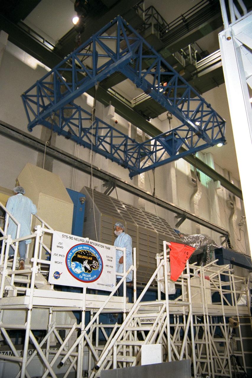 The Neurolab payload for STS-90, scheduled to launch aboard the Shuttle Columbia from Kennedy Space Center (KSC) on April 2, 1998, is ready for processing after being placed in its workstand in the Operations and Checkout Building at KSC. Investigations during the Neurolab mission will focus on the effects of microgravity on the nervous system. Specifically, experiments will study the adaptation of the vestibular system, the central nervous system, and the pathways that control the ability to sense location in the absence of gravity, as well as the effect of microgravity on a developing nervous system. The crew of STS-90 will include Commander Richard Searfoss, Pilot Scott Altman, Mission Specialists Richard Linnehan, Dafydd (Dave) Williams, M.D., and Kathryn (Kay) Hire, and Payload Specialists Jay Buckey, M.D., and James Pawelczyk, Ph.D