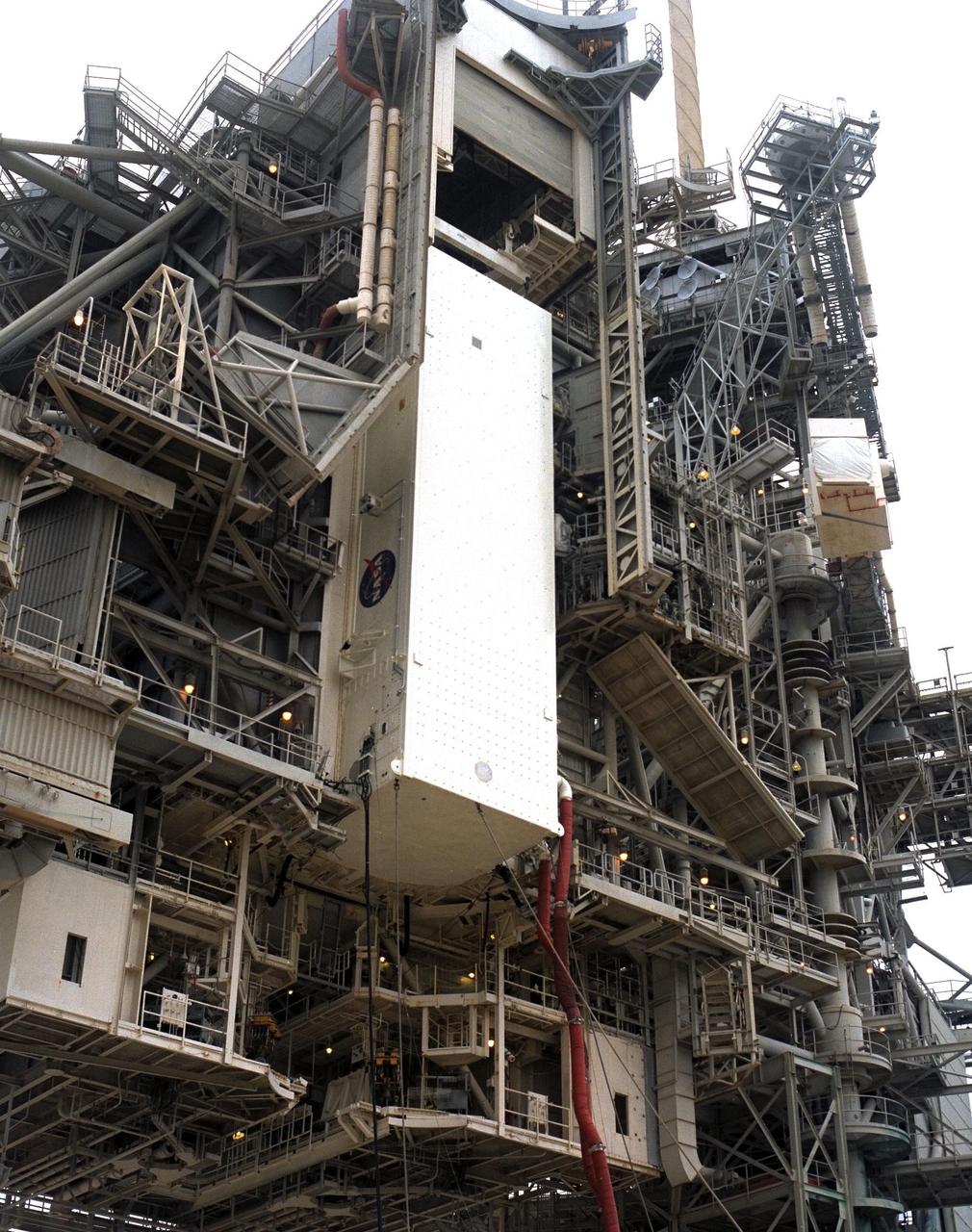 KENNEDY SPACE CENTER, FLA. -- The SPACEHAB payload arrived at Launch Pad 39A this morning and was installed in the Payload Changeout Room. Final preparations for liftoff of the STS-89 mission are under way. Endeavour and its crew of seven are targeted for a Jan. 22 launch. STS-89 will be the eighth Shuttle docking with the Russian Space Station Mir as part of Phase 1 of the International Space Station program. Mission Specialist Andy Thomas, Ph.D., will succeed Mission Specialist David Wolf, M.D., as the last NASA astronaut scheduled for a long-duration stay aboard Mir