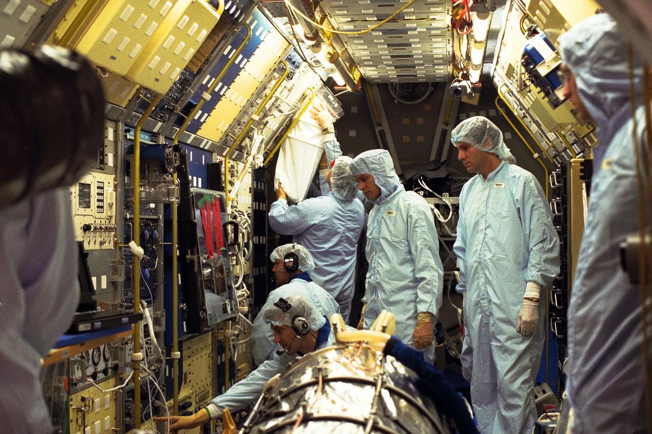 The Neurolab payload for STS-90, scheduled to launch aboard the Shuttle Columbia from Kennedy Space Center (KSC) on April 2, 1998, undergoes further processing in the Operations and Checkout Building at KSC. Investigations during the Neurolab mission will focus on the effects of microgravity on the nervous system. Specifically, experiments will study the adaptation of the vestibular system, the central nervous system, and the pathways that control the ability to sense location in the absence of gravity, as well as the effect of microgravity on a developing nervous system. The crew of STS-90 will include Commander Richard Searfoss, Pilot Scott Altman, Mission Specialists Richard Linnehan, Dafydd (Dave) Williams, M.D., and Kathryn (Kay) Hire, and Payload Specialists Jay Buckey, M.D., and James Pawelczyk, Ph.D