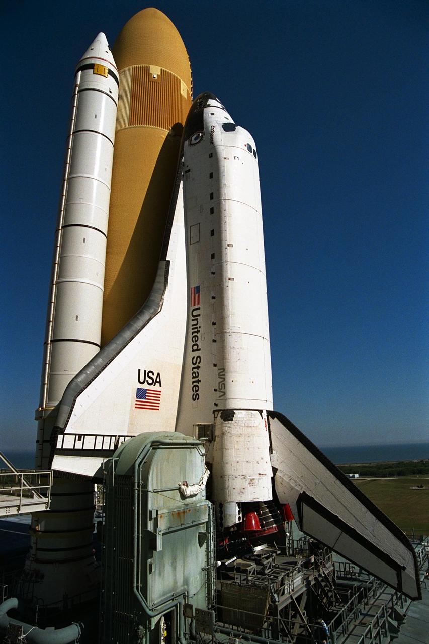 KENNEDY SPACE CENTER,  Fla. --  The Space Shuttle Endeavour rolls out to Launch Pad 39A, the destination of its journey from the Vehicle Assembly Building, for final preparations for liftoff of the STS-89 mission. Endeavour and its crew of seven are targeted for a Jan. 22 launch. STS-89 will be the eighth Shuttle docking with the Russian Space Station Mir as part of Phase 1 of the International Space Station program. Mission Specialist Andy Thomas, Ph.D., will succeed Mission Specialist David Wolf, M.D., as the last NASA astronaut scheduled for a long-duration stay aboard Mir