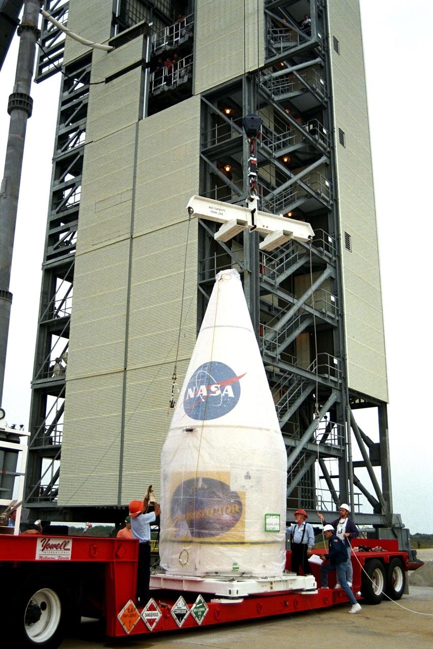 NASA’s Lunar Prospector is prepared for mating to a Lockheed Martin Athena II launch vehicle at Cape Canaveral Air Station’s Launch Complex 46. Lunar Prospector, built for the NASA Ames Research Center by Lockheed Martin, is a spin-stabilized spacecraft designed to provide NASA the first global maps of the Moon’s surface and its gravitational magnetic fields. It will orbit the Moon at an altitude of approximately 63 miles during a one-year mission. The launch of Lunar Prospector is scheduled for Jan. 5, 1998 at 8:31 p.m. EST