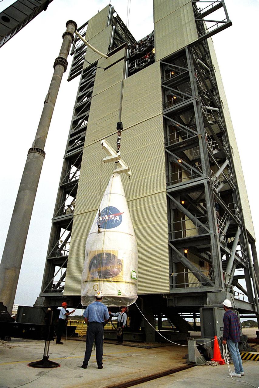 NASA’s Lunar Prospector is prepared for mating to a Lockheed Martin Athena II launch vehicle at Cape Canaveral Air Station’s Launch Complex 46. Lunar Prospector, built for the NASA Ames Research Center by Lockheed Martin, is a spin-stabilized spacecraft designed to provide NASA the first global maps of the Moon’s surface and its gravitational magnetic fields. It will orbit the Moon at an altitude of approximately 63 miles during a one-year mission. The launch of Lunar Prospector is scheduled for Jan. 5, 1998 at 8:31 p.m. EST