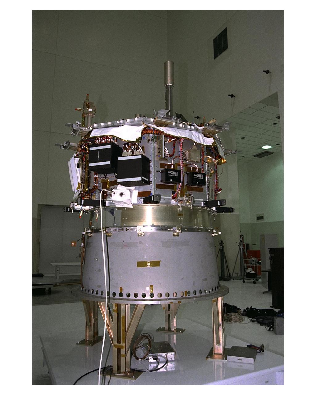 Prelaunch processing begins on the Advanced Composition Explorer (ACE) spacecraft in the Spacecraft Assembly and Encapsulation Facility-2 (SAEF-2). ACE will investigate the origin and evolution of solar phenomenon, the formation of the solar corona, solar flares and the acceleration of the solar wind. ACE was built for NASA by the Johns Hopkins Applied Physics Laboratory. The spacecraft is scheduled to be launched Aug. 21 aboard a two-stage Delta II 7920-8 rocket from Space Launch Complex 17, Pad A