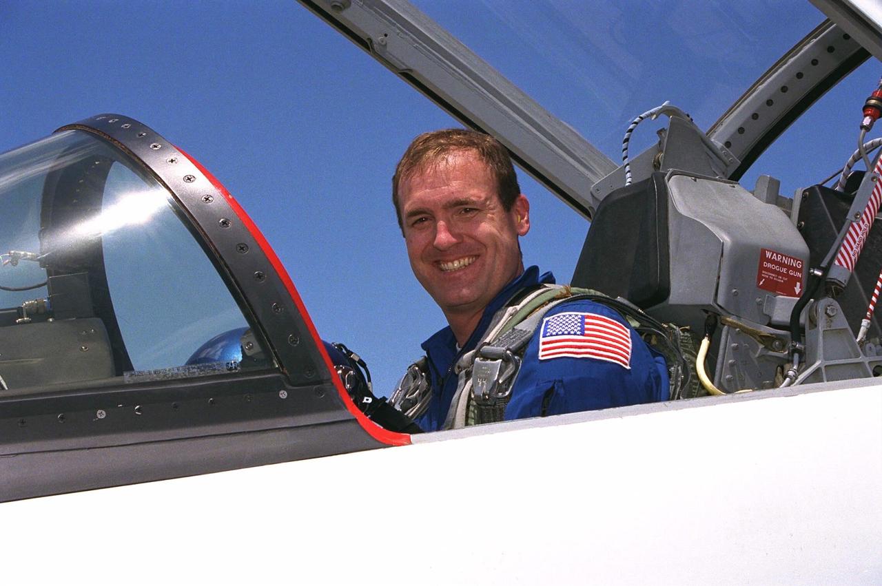 STS-94 Commander James D. Halsell, Jr., arrives at the Shuttle Landing Facility aboard a T-38 jet in preparation for the reflight of the Microgravity Science Laboratory-1 mission. Launch is scheduled for July 1, 1997, at 2:37 p.m. EDT.  The laboratory was scheduled to fly again with the full complement of STS-83 experiments after  that mission was cut short due to a faulty fuel cell. During the scheduled 16-day STS-94 mission, the experiments will be used to test some  of the hardware, facilities and procedures that are planned for use on the International  Space Station while the flight crew conducts combustion, protein crystal growth and  materials processing experiments