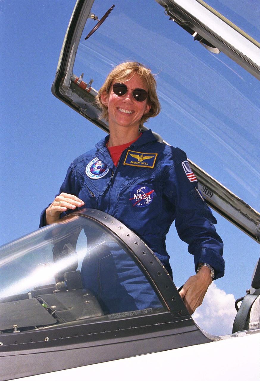 STS-94 Pilot Susan Leigh Still arrives at the Shuttle Landing Facility aboard a T-38 jet in preparation for the reflight of the Microgravity Science Laboratory-1 mission.  Launch is scheduled for July 1, 1997, at 2:37 p.m. EDT.  The laboratory was scheduled to fly again with the full complement of STS-83 experiments after  that mission was cut short due to a faulty fuel cell. During the scheduled 16-day STS-94 mission, the experiments will be used to test some  of the hardware, facilities and procedures that are planned for use on the International  Space Station while the flight crew conducts combustion, protein crystal growth and  materials processing experiments