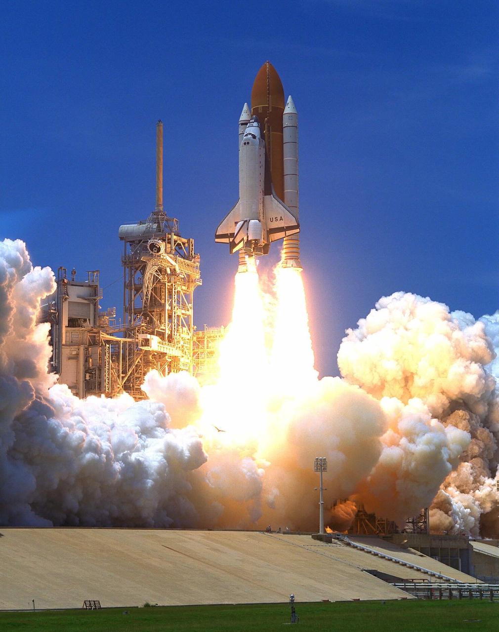 KENNEDY SPACE CENTER, Fla. -- The Space Shuttle Columbia soars from Launch  Pad 39A at 2:02 p.m. EDT July 1 to begin the 16-day STS-94 Microgravity Science  Laboratory-1 (MSL-1) mission. The launch window was opened 47 minutes earlier than  the originally scheduled time of 2:37 p.m. to improve the opportunity to lift off before  Florida summer rain showers reached the space center. The  crew members are Mission  Commander James D. Halsell Jr.; Pilot Susan L. Still; Payload Commander Janice Voss;  Mission Specialists Michael L.Gernhardt and Donald A. Thomas; and Payload Specialists  Roger K. Crouch and Gregory T. Linteris. During the space flight, the MSL-1 will be  used to test some of the hardware, facilities and procedures that are planned for use on the  International Space Station while the flight crew conducts combustion, protein crystal  growth and materials processing experiments. Also onboard is the Hitchhiker Cryogenic  Flexible Diode (CRYOFD) experiment payload, which is attached to the right side of  Columbia’s payload bay. These payloads had previously flown on the STS-83 mission in  April, which was cut short after nearly four days because of indications of a faulty fuel  cell. STS-94 is a reflight of that mission