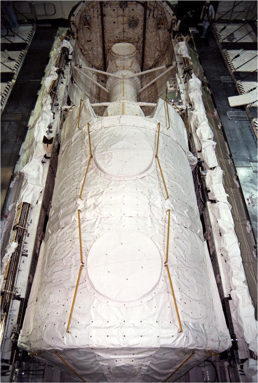 KENNEDY SPACE CENTER, FLA. - The Microgravity Science Laboratory-1 (MSL-1) Spacelab module is installed into the payload bay of the Space Shuttle Orbiter Columbia in Orbiter Processing Facility 1.  The Spacelab long crew transfer tunnel that leads from the orbiter's crew airlock to the module is also aboard, as well as the Hitchhiker Cryogenic Flexible Diode (CRYOFD) experiment payload, which is attached to the right side of Columbia's payload bay.  During the scheduled 16-day STS-83 mission, the MSL-1 will be used to test some of the hardware, facilities and procedures that are planned for use on the International Space Station while the flight crew conducts combustion, protein crystal growth and materials processing experiments.