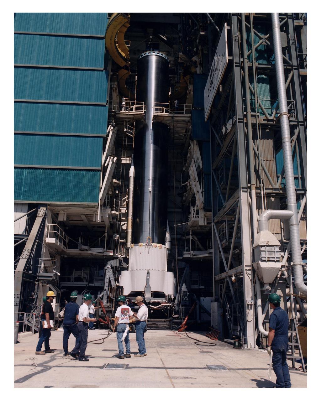 The Atlas 1 rocket which will carry the Geostationary Operational Environmental Satellite-K (GOES-K) into space is erected at Launch Complex 36, Pad B, Cape Canaveral Air Station. The Lockheed Martin-built rocket and its Centaur upper stage will form the AC-79 vehicle, the final vehicle in the Atlas 1 series which began launches for NASA in 1962. GOES-K will be the third spacecraft to be launched in the advanced series of geostationary weather satellites built for NASA and the National Oceanic and Atmospheric Administration (NOAA). The spacecraft will be designated GOES-10 in orbit. Launch is targeted for April 24