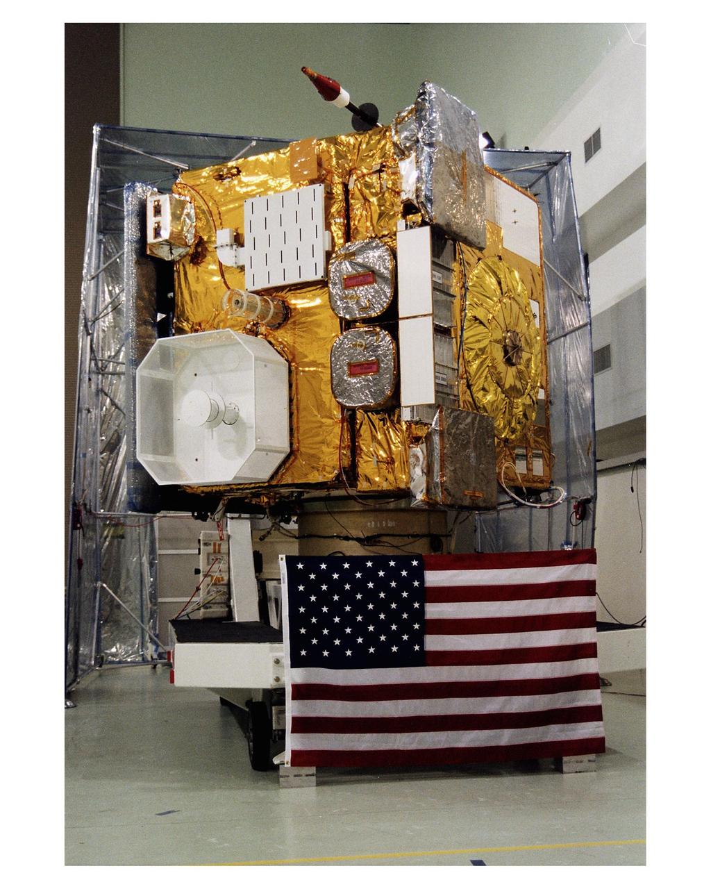 The Geostationary Operational Environmental Satellite-K (GOES-K) is placed on display for news media representatives at the Astrotech Space Operations LP facility in Titusville. GOES-K, the latest in the current series of advanced geostationary weather satellites in service, is scheduled to be launched into space aboard an Atlas 1 rocket on April 24 from Launch Complex 36, Pad B, Cape Canaveral Air Station. Once in orbit, GOES-K will become GOES-10, joining GOES-8 and GOES-9 in space