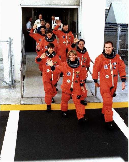 KENNEDY SPACE CENTER, FLA. - Greeted by cheers from wellwishers at KSC and eager for their ventur into space on the Microgrvity Science Laboratory-1 (MSL-1) mission, the STS-83 astronauts depart the Operations and Checkout Building on their way to Launch Pad 39A.  Leading the seven-member crew is Mission Commander James D. Halsell Jr.  Behind Halsell and to his right is Pilot Susan L. Still.  Behind Still is Payload Commander Janice Voss, with Mission Specialist Donald A. Thomas to her left.  Behind Thomas, in order, are Mission Specialist Michael L. Gernhardt and Payload Specialists Roger K. Crouch and Gregory T. Linteris.  During the scheduled 16-day STS-83 mission, the MSL-1 will be used to test some of the hardware, facilities and procedures that are planned for use on the International Space Station while the flight crew conducts combustion, protein crystal growth and materials processing experiments.  Also onboard is the Hitchhiker Cryogenic Flexible Diode (CRYOFD) experiment payload, which is attched to the right side of Columbia's payload bay.
