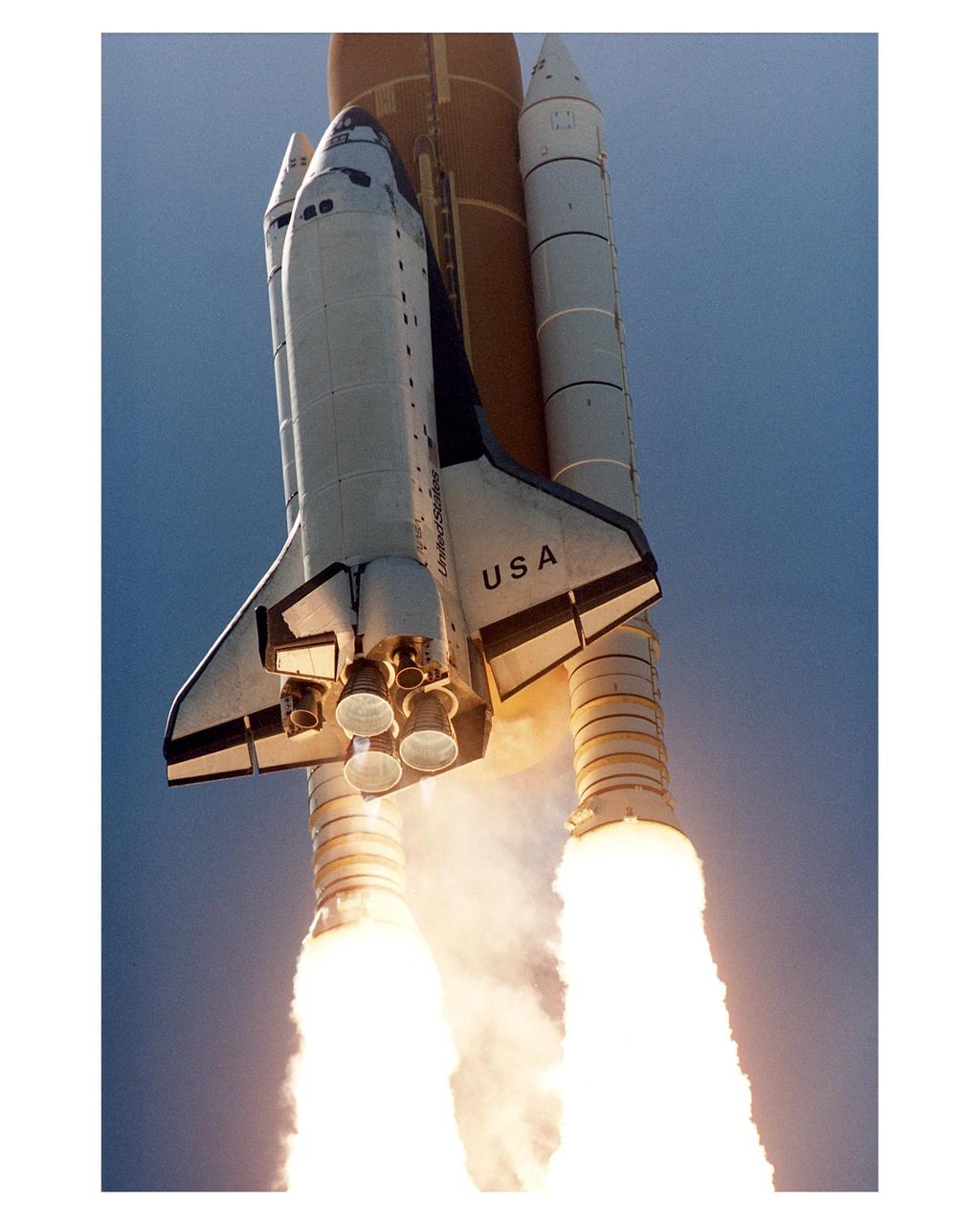 Like a rising sun lighting up the afternoon sky, the Space Shuttle Columbia soars from Launch Pad 39A at 2:20:32 p.m. EST, April 4, on the 16-day Microgravity Science Laboratory-1 (MSL-1) mission. The crew members are Mission Commander James D. Halsell, Jr.; Pilot Susan L. Still; Payload Commander Janice Voss; Mission Specialists Michael L. Gernhardt and Donald A. Thomas; and Payload Specialists Roger K. Crouch and Gregory T. Linteris. During the scheduled 16-day STS-83 mission, the MSL-1 will be used to test some of the hardware, facilities and procedures that are planned for use on the International Space Station as well as research in combustion, protein crystal growth and materials processing experiments