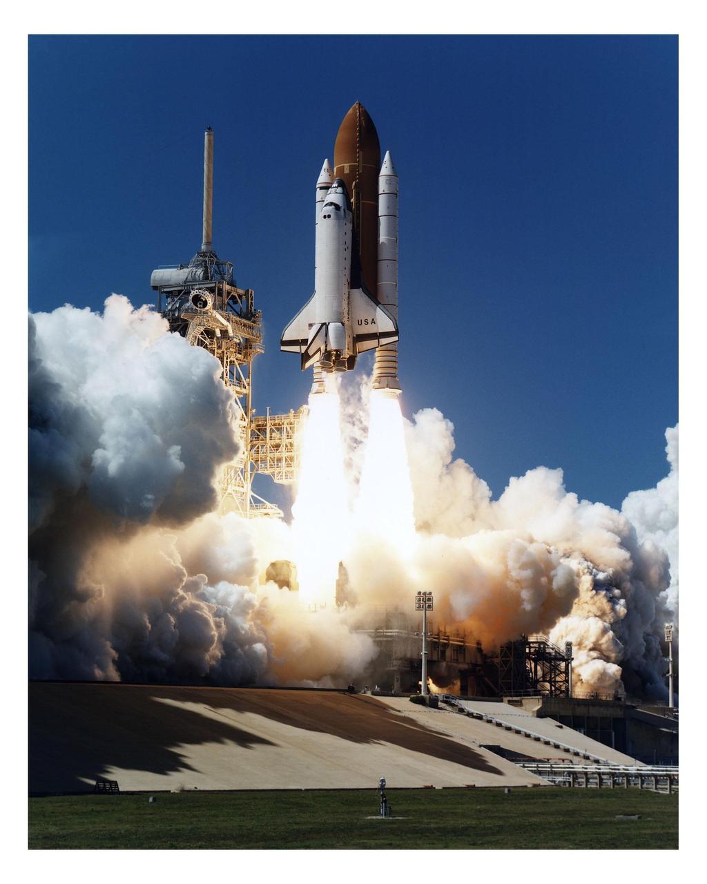 Like a rising sun lighting up the afternoon sky, the Space Shuttle Columbia soars from Launch Pad 39A at 2:20:32 p.m. EST, April 4, on the 16-day Microgravity Science Laboratory-1 (MSL-1) mission. The crew members are Mission Commander James D. Halsell, Jr.; Pilot Susan L. Still; Payload Commander Janice Voss; Mission Specialists Michael L. Gernhardt and Donald A. Thomas; and Payload Specialists Roger K. Crouch and Gregory T. Linteris. During the scheduled 16-day STS-83 mission, the MSL-1 will be used to test some of the hardware, facilities and procedures that are planned for use on the International Space Station as well as research in combustion, protein crystal growth and materials processing experiments