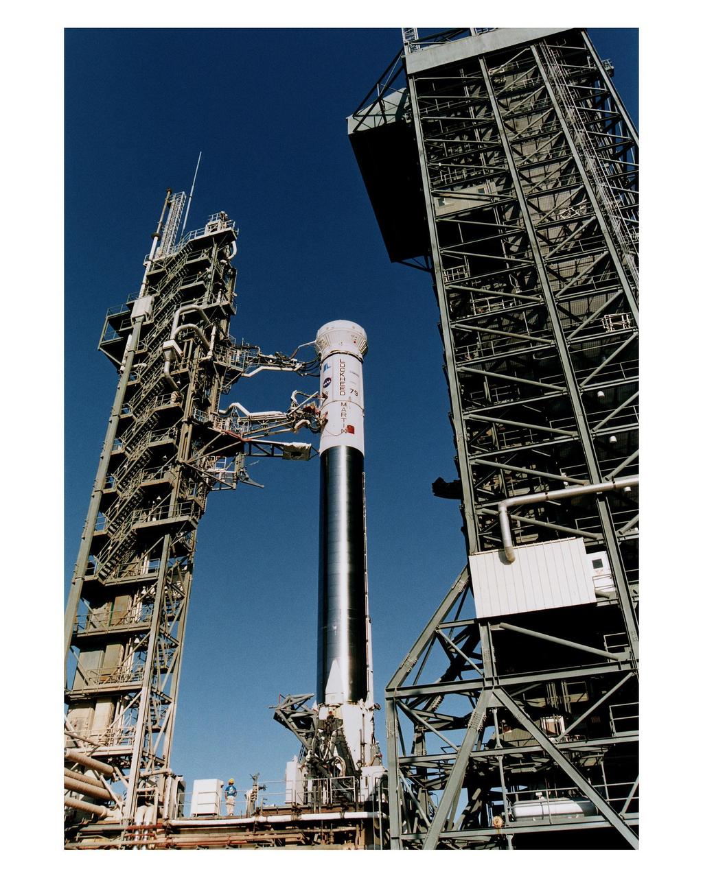 The Lockheed Martin Atlas 1 expendable launch vehicle (AC-79) which will carry the GOES-K advanced weather satellite undergoes a critical prelaunch test with its mobile service tower pulled back. The Wet Dress Rehearsal is a major prelaunch test designed to demonstrate, in part, the launch readiness of the vehicle and launch support equipment. AC-79 will be the final launch of an Atlas 1 rocket, a derivative of the original Atlas Centaur which had its first successful launch for NASA in 1963. Future launches of Geostationary Operational Environmental Satellites (GOES) in the current series will be on Atlas II vehicles. The GOES satellites are owned and operated by the National Oceanic and Atmospheric Administration (NOAA); NASA manages the design, development and launch of the spacecraft. The launch of AC-79 with the GOES-K is targeted for <a href="http://www-pao.ksc.nasa.gov/kscpao/release/1997/63-97.htm">April 24</a> during a launch window which extends from 1:50-3:09 a.m. EDT