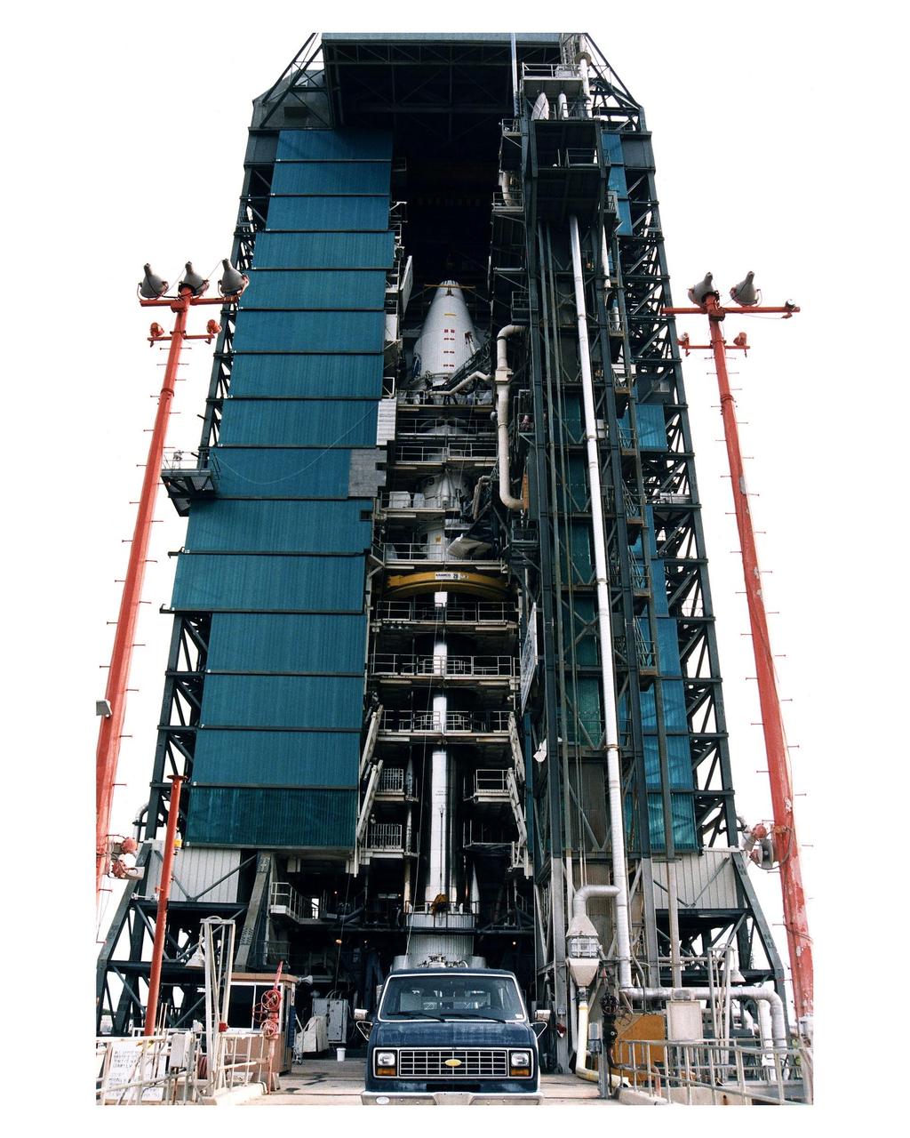 The Atlas 1 payload fairing with the encapsulated GOES-K advanced weather satellite, at top center, is mated to the Lockheed Martin Atlas 1 expendable launch vehicle (AC-79) at Launch Complex 36, Pad B, Cape Canaveral Air Station. GOES-K will be the third spacecraft to be launched in the advanced series of Geostationary Operational Environmental Satellites (GOES). The GOES satellites are owned and operated by the National Oceanic and Atmospheric Administration (NOAA); NASA manages the design, development and launch of the spacecraft. GOES-K is targeted for an <a href="http://www-pao.ksc.nasa.gov/kscpao/release/1997/63-97.htm">April 24 launch</a> during a launch window which extends from 1:50-3:09 a.m. EDT
