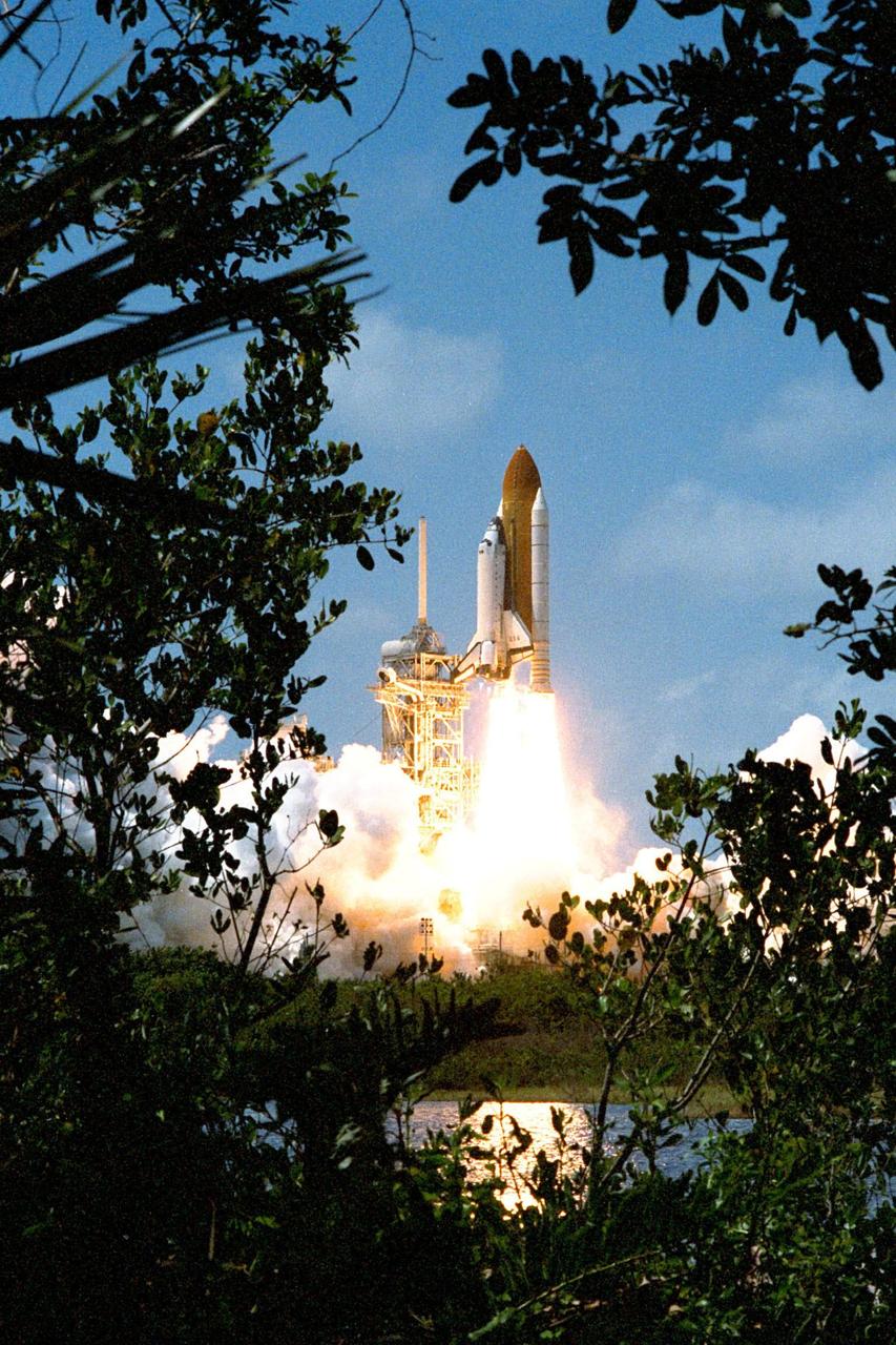 Framed by native Floridian foliage, the Space Shuttle Columbia soars from Launch Pad 39B at 2:19 p.m. EDT Apr. 17 to begin the nearly 17-day STS-90 Neurolab mission. The launch was delayed 24 hours due to difficulty with a network signal processor, which was replaced Apr. 16, on the orbiter. The crew members are Commander Richard Searfoss, Pilot Scott Altman, Mission Specialists Richard Linnehan, D.V.M., Dafydd (Dave) Williams, M.D., with the Canadian Space Agency, and Kathryn (Kay) Hire; and Payload Specialists Jay Buckey, M.D., and James Pawelczyk, Ph.D. Investigations during the Neurolab mission will focus on the effects of microgravity on the nervous system