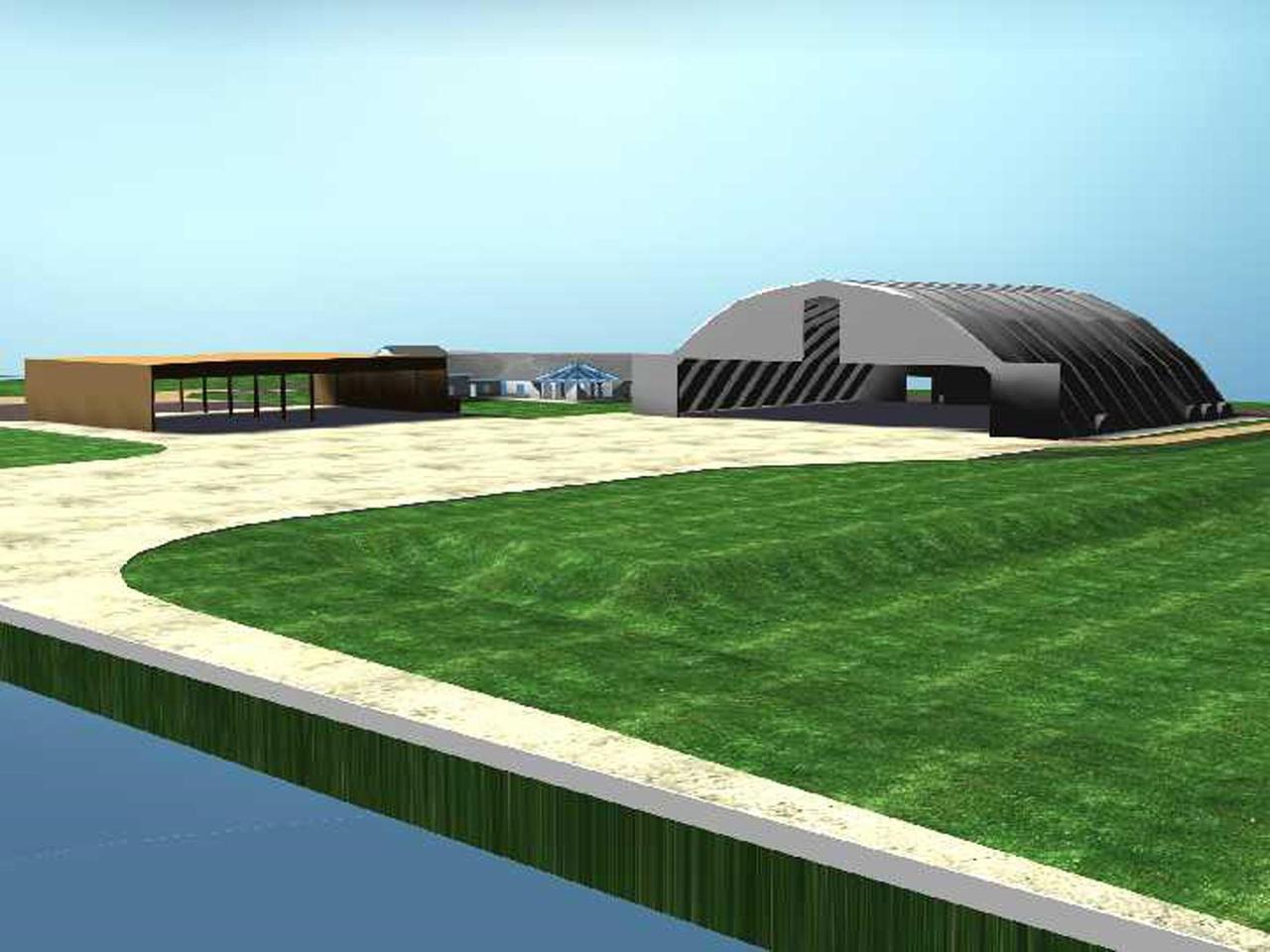 An artist's rendering shows the $8-million Reusable Launch Vehicle (RLV) Support Complex planned for the Shuttle Landing Facility (SLF) at Kennedy Space Center. The ground breaking took place today. To be located at the tow-way adjacent to the SLF, the complex will include a multi-purpose RLV hangar and adjacent facilities for related ground support equipment and administrative/technical support. It will be available to accommodate the Space Shuttle, the X-34 RLV technology demonstrator, the L-1011 carrier aircraft for Pegasus and X-34, and other RLV and X-vehicle programs. The complex is jointly funded by the Spaceport Florida Authority, NASA's Space Shuttle Program and KSC. The facility will be operational in early 2000