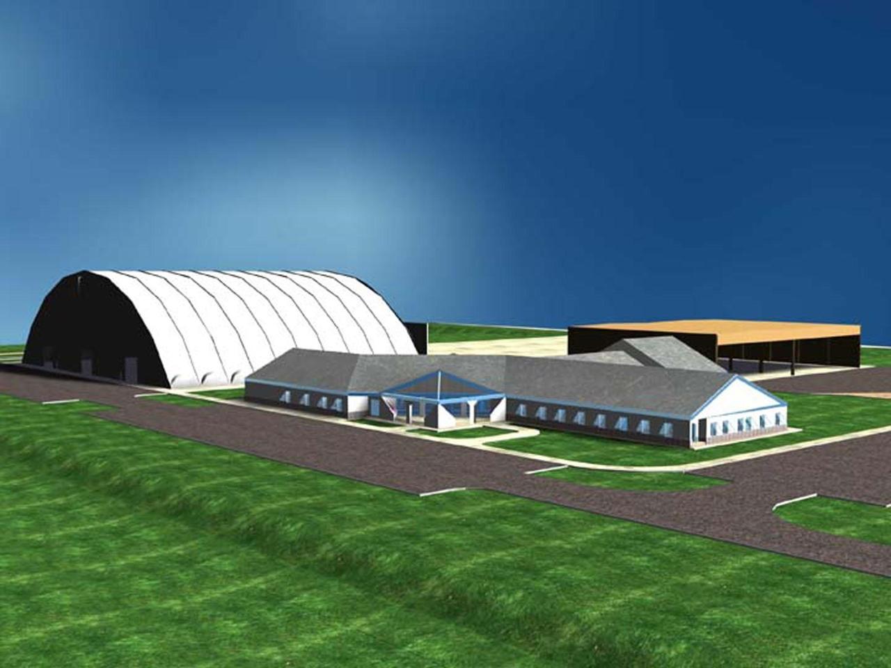 An artist's rendering shows the $8-million Reusable Launch Vehicle (RLV) Support Complex planned for the Shuttle Landing Facility (SLF) at Kennedy Space Center. The ground breaking took place today. To be located at the tow-way adjacent to the SLF, the complex will include a multi-purpose RLV hangar and adjacent facilities for related ground support equipment and administrative/technical support. It will be available to accommodate the Space Shuttle, the X-34 RLV technology demonstrator, the L-1011 carrier aircraft for Pegasus and X-34, and other RLV and X-vehicle programs. The complex is jointly funded by the Spaceport Florida Authority, NASA's Space Shuttle Program and KSC. The facility will be operational in early 2000