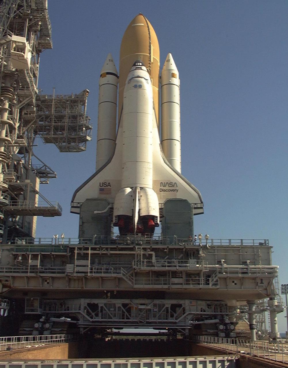 Space Shuttle Discovery sits atop a mobile launcher platform at Launch Complex 39A after its move this morning from Vehicle Assembly Building high bay 1 where it was mated to the first Space Shuttle super lightweight external tank/solid rocket booster stack. Discovery will be launched on mission STS-91, concluding Phase I of the joint U.S.-Russian International Space Station Program, on June 2 with a launch window opening around 6:10 p.m. EDT. This will be the ninth Shuttle docking with the Russian Space Station Mir, but the first Mir docking for Discovery. The STS-91 flight crew includes Commander Charles Precourt; Pilot Dominic Gorie; and Mission Specialists Wendy B. Lawrence; Franklin Chang-Diaz, Ph.D.; Janet Kavandi, Ph.D.; and Valery Ryumin, with the Russian Space Agency. Andrew Thomas, Ph.D., will be returning to Earth with the crew after living more than four months aboard Mir