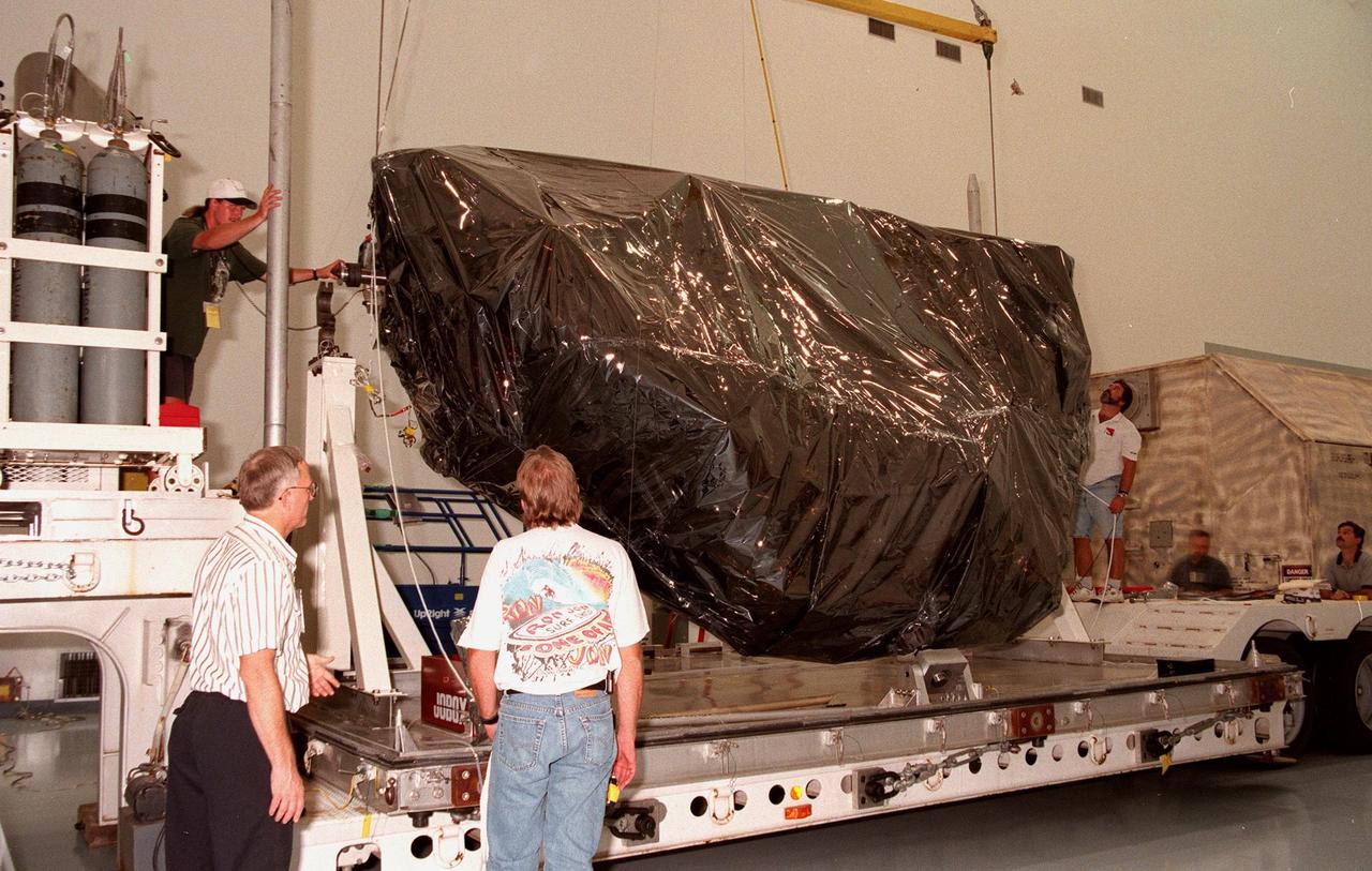 The HOST (the Hubble Space Telescope Orbital Systems Test) payload is prepared for moving to the high bay of the Space Station Processing Facility (SSPF). HOST is scheduled to fly on the STS-95 mission, planned for launch on Oct. 29, 1998. The mission includes other research payloads such as the Spartan solar-observing deployable spacecraft, the International Extreme Ultraviolet Hitchhiker, as well as the SPACEHAB single module with experiments on space flight and the aging process