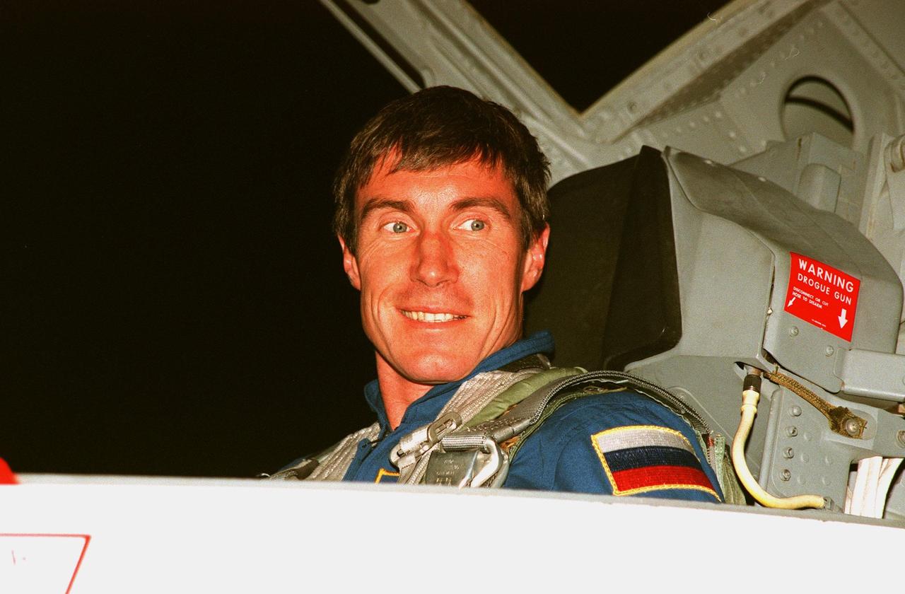 STS-88 Mission Specialist Sergei Krikalev, a Russian cosmonaut, arrives after dark at the Shuttle Landing Facility in a T-38 jet aircraft to take part in Terminal Countdown Demonstration Test (TCDT) activities. The TCDT provides the crew with simulated countdown exercises, emergency egress training, and opportunities to inspect their mission payloads in the orbiter's payload bay. Mission STS-88 is targeted for launch on Dec. 3, 1998. It is the first U.S. flight for the assembly of the International Space Station and will carry the Unity connecting module. Others in the STS-88 crew are Mission Commander Robert D. Cabana, Pilot Frederick W. "Rick" Sturckow, Mission Specialists Nancy J. Currie, Jerry L. Ross, and James H. Newman. Ross and Newman will make three spacewalks to connect power, data and utility lines and install exterior equipment