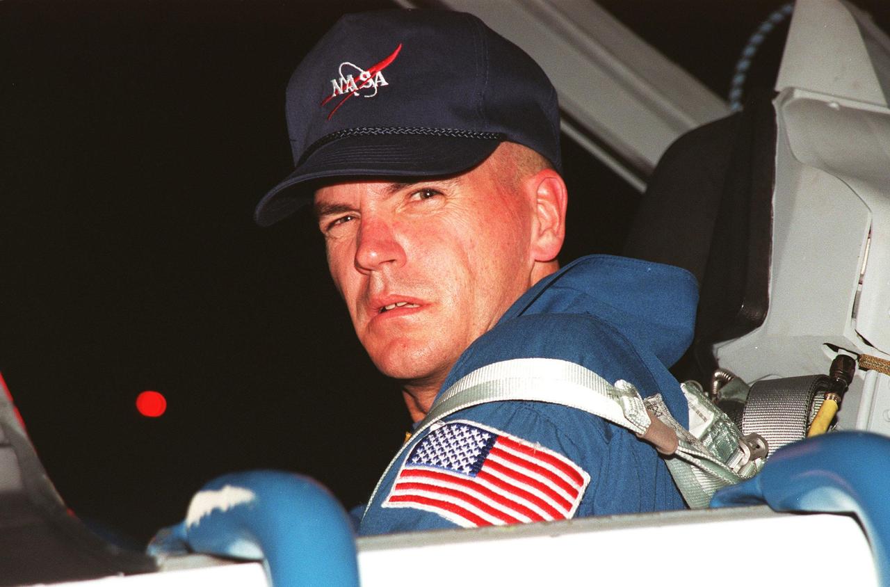 STS-88 Pilot Frederick W. "Rick" Sturckow arrives after dark at the Shuttle Landing Facility in a T-38 jet aircraft to take part in Terminal Countdown Demonstration Test (TCDT) activities. The TCDT provides the crew with simulated countdown exercises, emergency egress training, and opportunities to inspect their mission payloads in the orbiter's payload bay. Mission STS-88 is targeted for launch on Dec. 3, 1998. It is the first U.S. flight for the assembly of the International Space Station and will carry the Unity connecting module. Others in the STS-88 crew are Mission Commander Robert D. Cabana, Mission Specialists Nancy J. Currie, Jerry L. Ross, James H. Newman and Sergei Krikalev, a Russian cosmonaut. Ross and Newman will make three spacewalks to connect power, data and utility lines and install exterior equipment